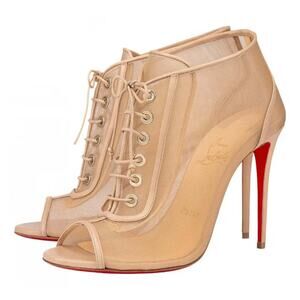 Christian Louboutin Open Ondessa 100 Nude Mesh Lace Up Tie Ankle Heel Bootie 40